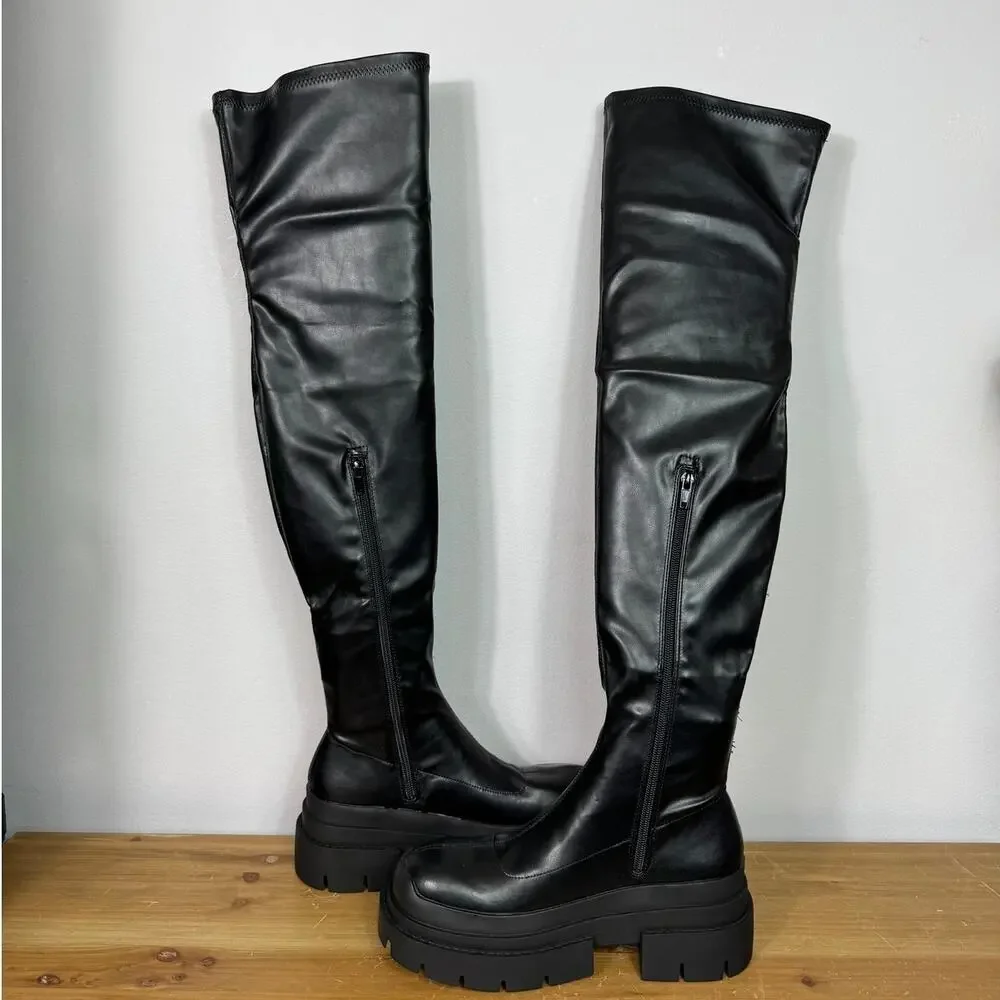 New Topshop Tyson Over the Knee Boot in Black Faux Leather Women's Size EU 39